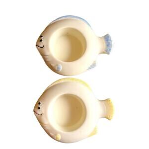 Bisque Tea Lite Candle Holders Aquatic Tropical Fish 1 Pair Yellow Blue Details